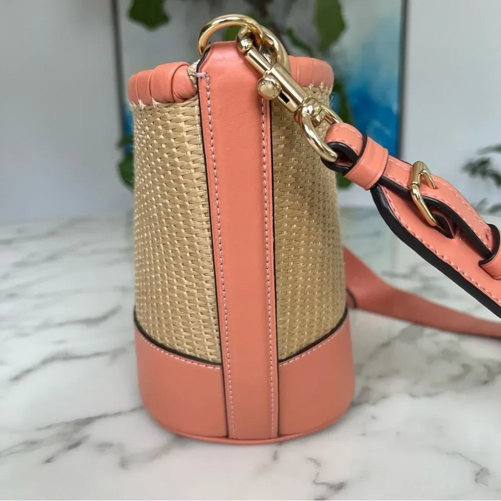 COACH Woven Straw Bucket Bag Crossbody F72707 Natural Light Coral Leather Gold